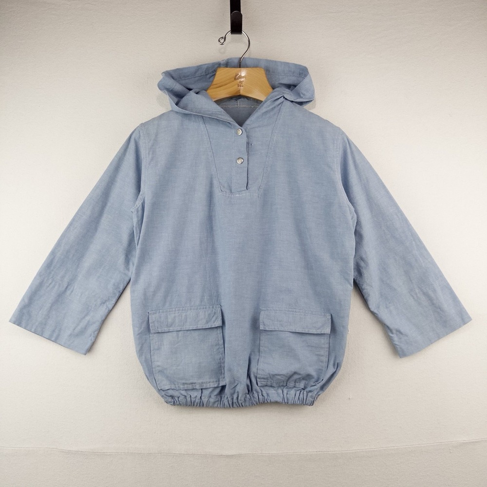 50's Vtg Chambray Patch Pocket Hooded Smock Jacket S Single Stitch Pearl Snap